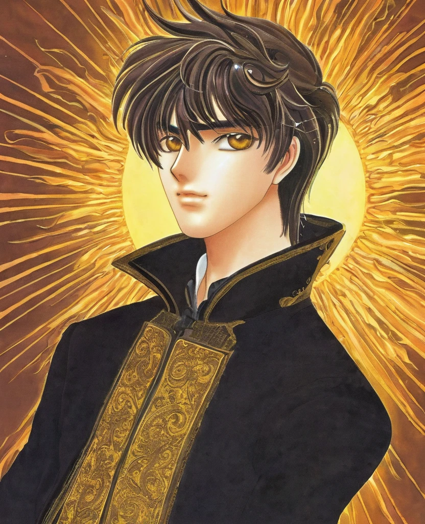 "Create a detailed and elegant anime portrait of a boy inspired by the sun. He should have warm, radiant features, with golden eyes and hair that glows like sunlight. Dress him in attire that reflects the brilliance and warmth of the sun, with a background that includes sun motifs or a glowing horizon."
