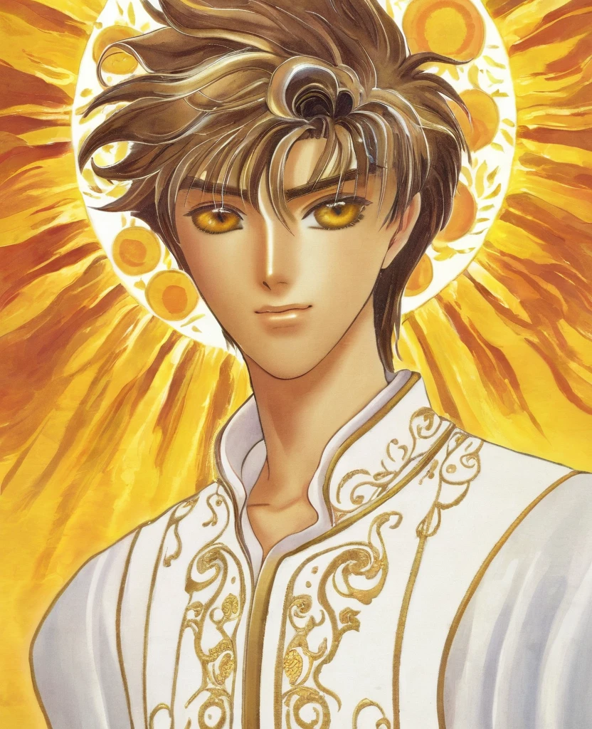 "Create a detailed and elegant anime portrait of a boy inspired by the sun. He should have warm, radiant features, with golden eyes and hair that glows like sunlight. Dress him in attire that reflects the brilliance and warmth of the sun, with a background that includes sun motifs or a glowing horizon."
