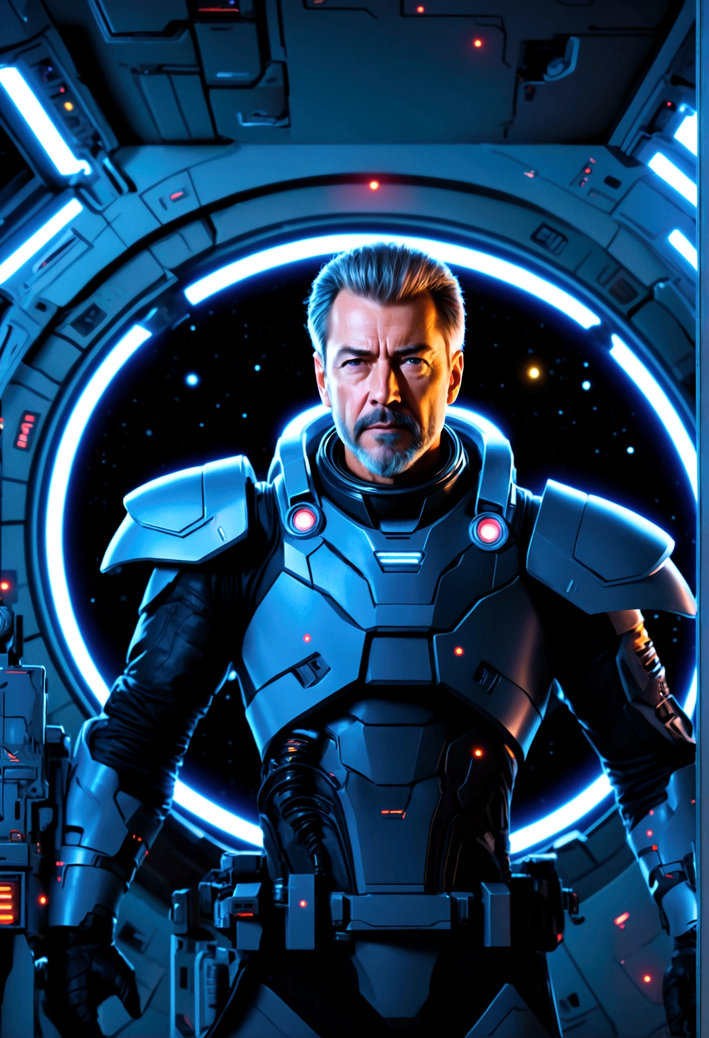 Sci-fi world,A middle-aged man,High-quality graphics,MasterpieceBREAKAlien,Space War,Strategic Base,Cockpit,brave warrior,laser weapon