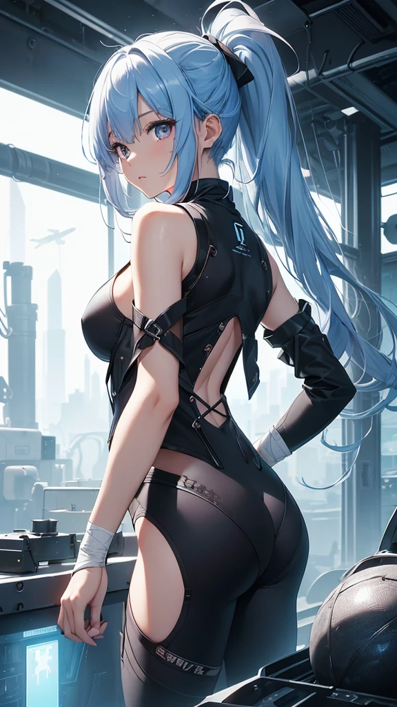 最high quality、best image quality、masterpiece、girl((20-year-old、 By becoming、vest bust、medium bust,wide open breast tea、Shining eyes, light blue hair、long hair、thin,highest valley、ponytail、action of looking up、full body bandage、Black and white suit、back view、emphasize the buttocks)),high quality、beautiful art、background((near future、Machine area、energy field))、flight、debris flies、Depth of written boundary、movie、visual art、perfect art、8K,genuine、