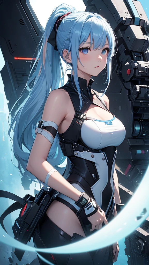 最high quality、best image quality、masterpiece、girl((20-year-old、 By becoming、vest bust、medium bust,wide open breast tea、Shining eyes, light blue hair、long hair、thin,highest valley、ponytail、action of looking up、full body bandage、Black and white suit、back view、emphasize the buttocks)),high quality、beautiful art、background((near future、Machine area、energy field))、flight、debris flies、Depth of written boundary、movie、visual art、perfect art、8K,genuine、
