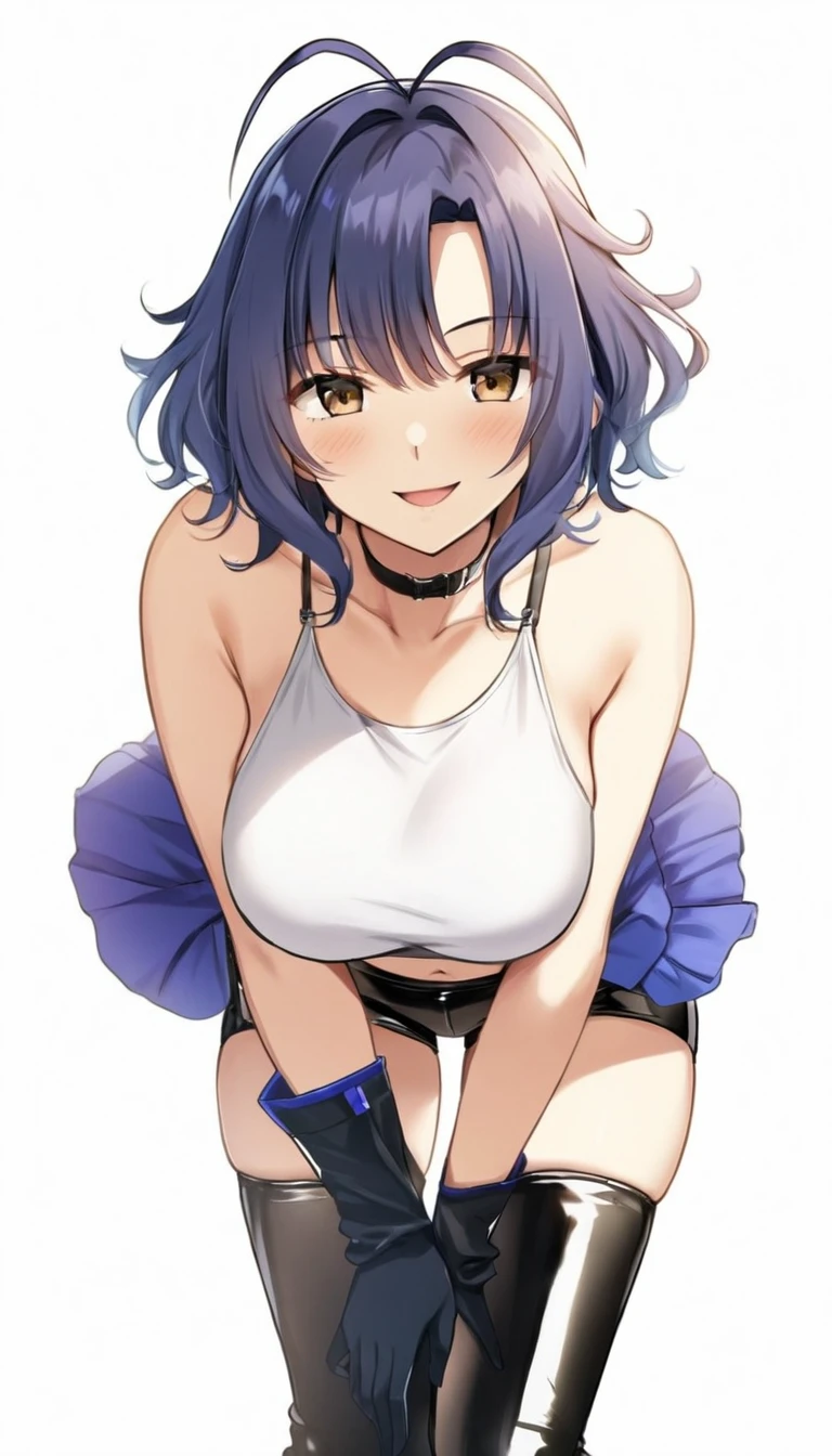 masterpiece, best quality, artist:yoo tenchi, 1girl, solo, toyokawa fuka, short hair, messy hair, wavy hair, dark blue hair, antenna hair, brown eyes, white crop top, latex shorts, large breasts, leaning forward, wink right, looking at viewer, no background, white background