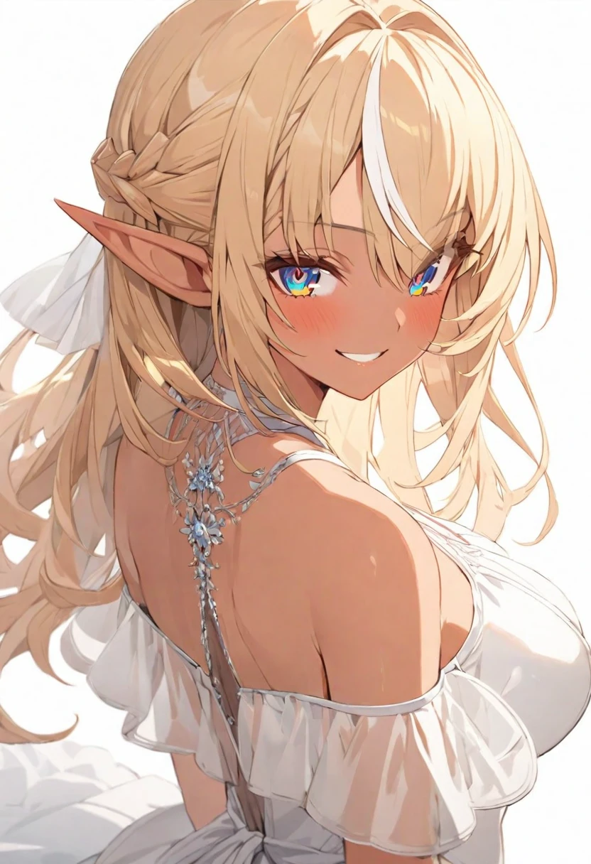 (muste piece), (best quality), very detailed eyes, expressive eyes, perfect face, very detailed face, highly detailed face, beautiful girl, 8K, beautiful girl, white background, delicate and beautiful face and eyes, dark intense shadow, 
1 girl, vtuber style, cool girl, hololive,  Shiranui Flare, Elf ears, blond hair, dark skin, see-through:evening dress, big chest, cropped shoulders, clavicle from behind, looking back, smile, (full body), standing,