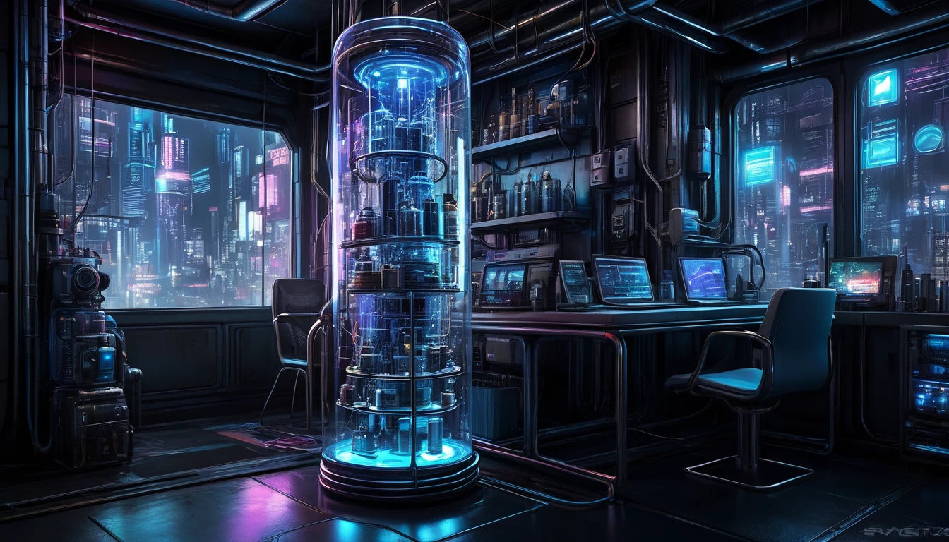 Cyberpunk style glass jar，No fish，Lots of high-tech wires，Pipe connections，Slender cylindrical，Transparent glass，light，Blue technology atmosphere，The background is a network city, （masterpiece），（best quality），（Best details