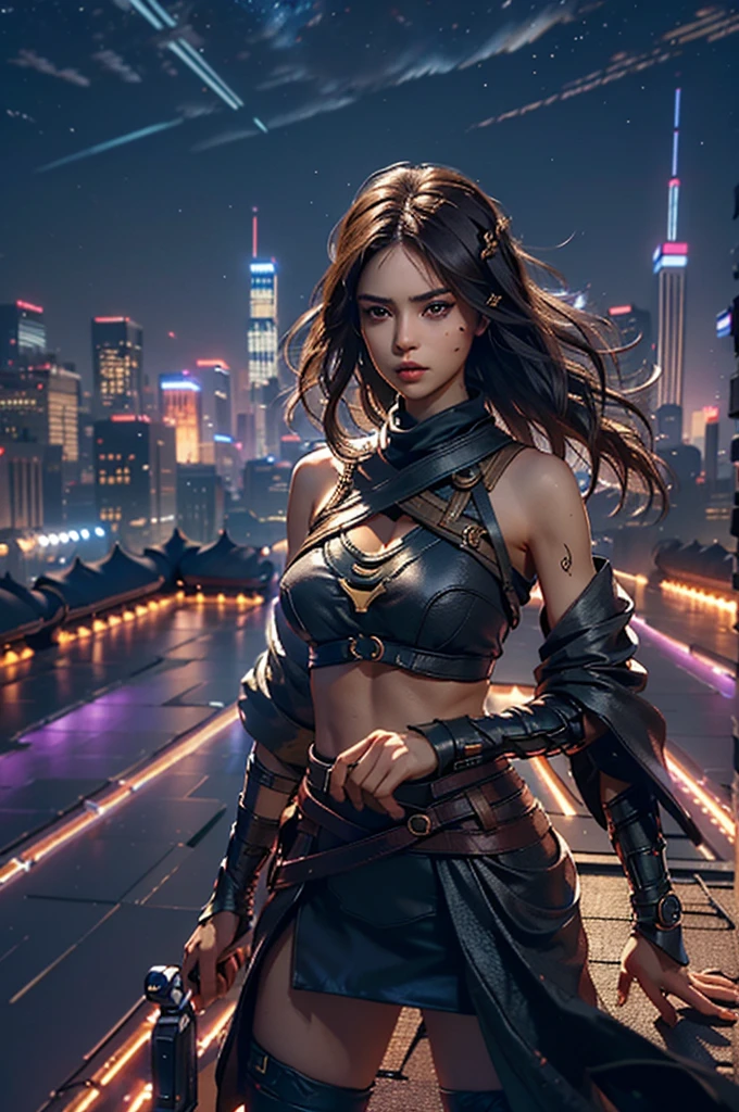 ((Midnight, Best quality, 8k, Masterpiece :1.3)), Whole body, Long legs, Sharp focus :1.2, A pretty woman with perfect figure :1.4, Slender abs :1.1, ((Dark brown hair, Big big breasts :1.2)), (black bikani, black panty , Standing:1.2), ((Night city view, Rooftop:1.3)), Highly detailed face and skin texture, Detailed eyes, Double eyelid