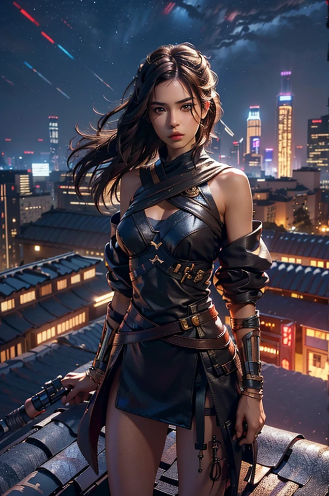 ((Midnight, Best quality, 8k, Masterpiece :1.3)), Whole body, Long legs, Sharp focus :1.2, A pretty woman with perfect figure :1.4, Slender abs :1.1, ((Dark brown hair, Big big breasts :1.2)), (black bikani, black panty , Standing:1.2), ((Night city view, Rooftop:1.3)), Highly detailed face and skin texture, Detailed eyes, Double eyelid