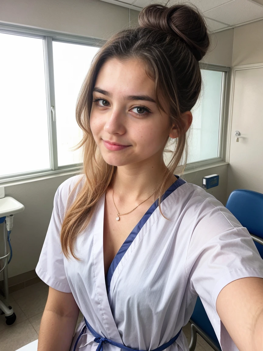 hospital selfie, sick girl, viki odintcova, in medical robe, sad expression, messy hair, bun