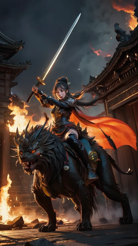 blood girl, and a huge fire yellow lion, made of smoke, wearing a warrior outfit complete with armor hovering around the ruins of an ancient temple, inspired by Japanese gods, carrying a huge divine sword, temple background, Japan, dark, horror vibes, , smoke , fire , big add some big snakes in the back , Japanese mythical god , evil smile , crazy eyes , blindfold , fuji color , high detail , high quality , accurate