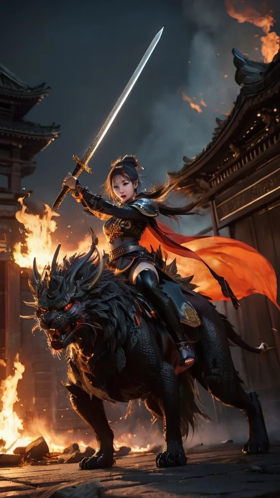 blood girl, and a huge fire yellow lion, made of smoke, wearing a warrior outfit complete with armor hovering around the ruins of an ancient temple, inspired by Japanese gods, carrying a huge divine sword, temple background, Japan, dark, horror vibes, , smoke , fire , big add some big snakes in the back , Japanese mythical god , evil smile , crazy eyes , blindfold , fuji color , high detail , high quality , accurate