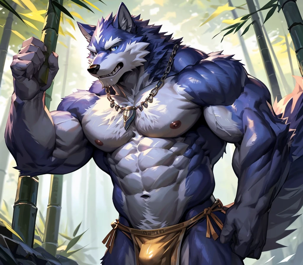 ((best quality)), ((masterpiece)), (ultra detailed), perfect face,(sharp eyes),sharp focus,japanese anime,manga,(by null-ghost,by traver009,by lindong,by pino daeni), (male antro wolf):2.0,((deep indigo fur)), ((white belly)), vertical white on forehead, sharp eye,ultra-detailed eyes, exquisite eyes, ((blue:0.1) eyes), ((wearing yellow loincloth):0.9, with blue pattern):0.8,muscular male,sexy body, reflection, (Great physique),strong arms man,middle-age, strong, (((sfw:1.5))), ((abs, strong muscle, 8 pack)),(bulge), shirtless, claw, pink nipples, white fluffy chest hair,wearing random pattern necklace, (indigo wolf tail, long fluffy tail), handsome, majestic, Delicate canine teeth, hairy, male, in the bamboo forest,anime, (full body), anime