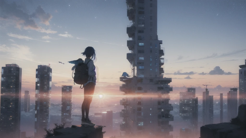 sunset,暗いnight空,Octane, star (null), scenery, Blue parakeet,Acoustic guitar,star, night, One Girl, Back view, alone, Outdoor, Blue parakeet,building, cloud, milky way, Are standing,city, silhouette