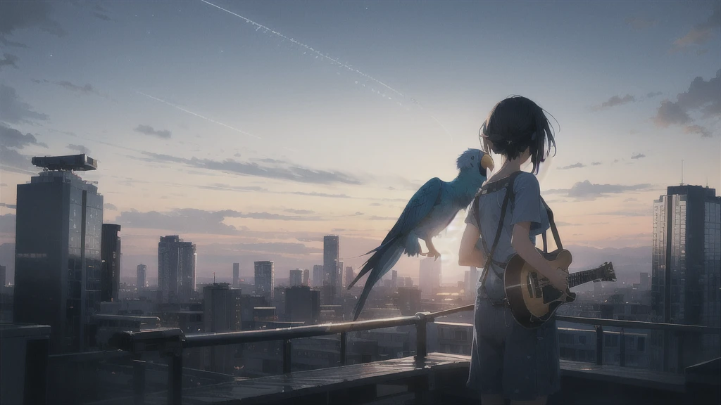 sunset,暗いnight空,Octane, star (null), scenery, Blue parakeet,Acoustic guitar,star, night, One Girl, Back view, alone, Outdoor, Blue parakeet,building, cloud, milky way, Are standing,city, silhouette