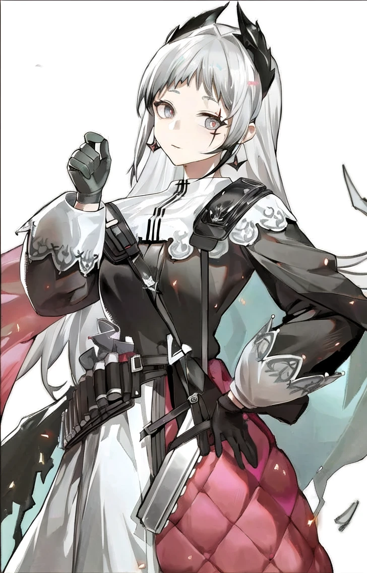 best quality, masterpiece, highres, solo, {irene_arknights:0.90}, 1girl, black_gloves, black_jacket, holding_lantern, long_sleeves, scar, sword, white_skirt, gun, looking_at_viewer, jewelry, sheathed, white_pantyhose, ammunition_belt, closed_mouth, cowboy_shot, black_dress