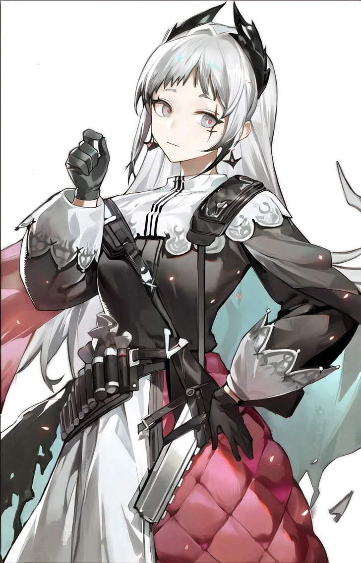 best quality, masterpiece, highres, solo, {irene_arknights:0.90}, 1girl, black_gloves, black_jacket, holding_lantern, long_sleeves, scar, sword, white_skirt, gun, looking_at_viewer, jewelry, sheathed, white_pantyhose, ammunition_belt, closed_mouth, cowboy_shot, black_dress