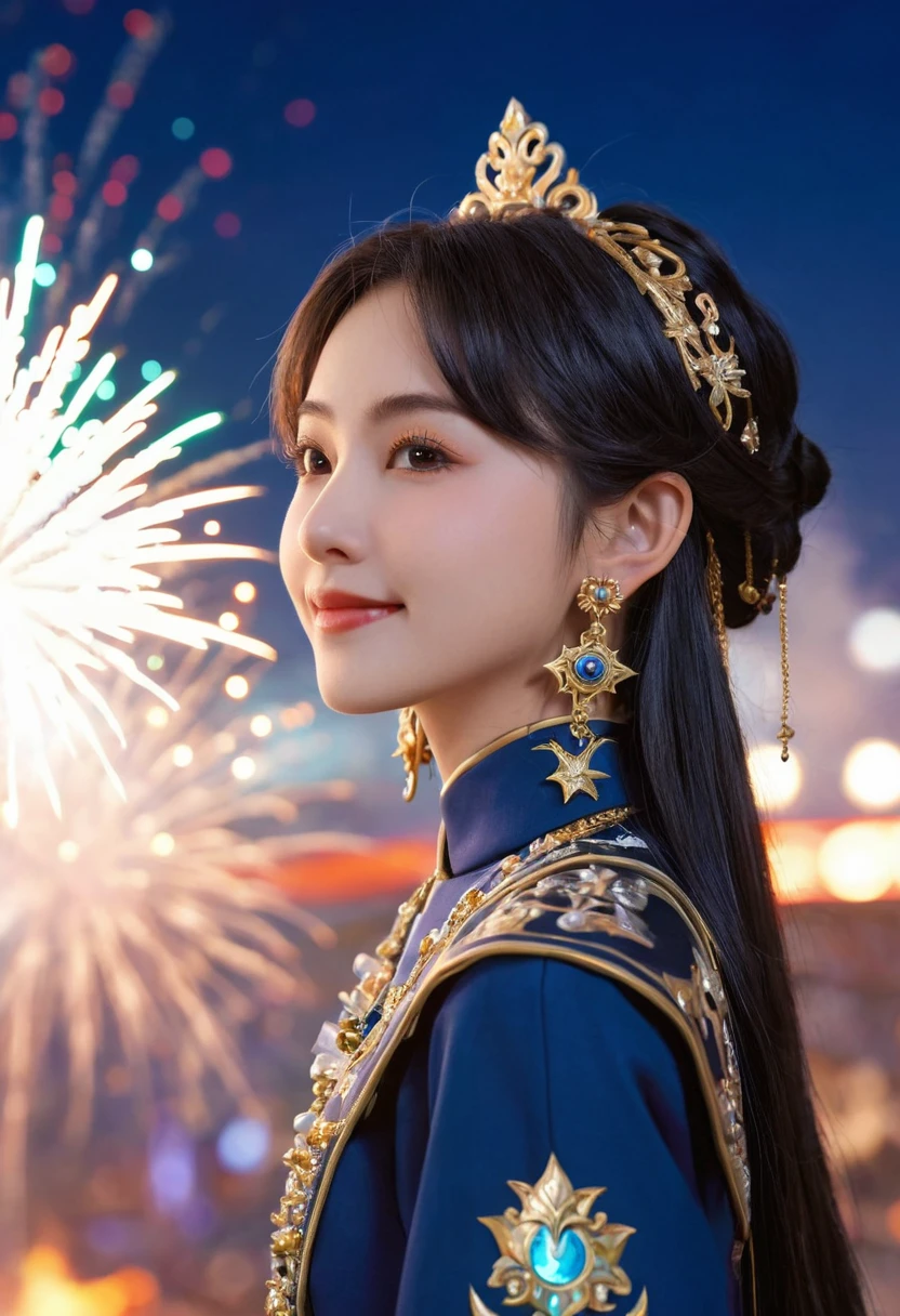 (masterpiece, best quality, high resolution, Extremely detailed, 8K, 4K), Art Book，Art Books, Anime Coloring, CG, illustration , fantasy, Military Vehicle Systems ,1 Girl, Solitary, earrings, Necklace, The background is a huge ornate circular pattern, Smile, Looking at the audience happily, fireworks, Star, night, outdoor, (Hook of Holland), close up, Face Focus, Upper Body, Night Palace (Genshin Impact)