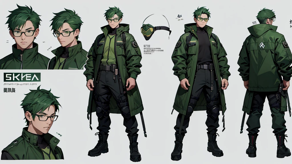 Character design sheet、One Man、Green Hair、Short Hair、Glasses、Tactical Jacket、, Conceptual art, best quality, highres, 8k, UHD