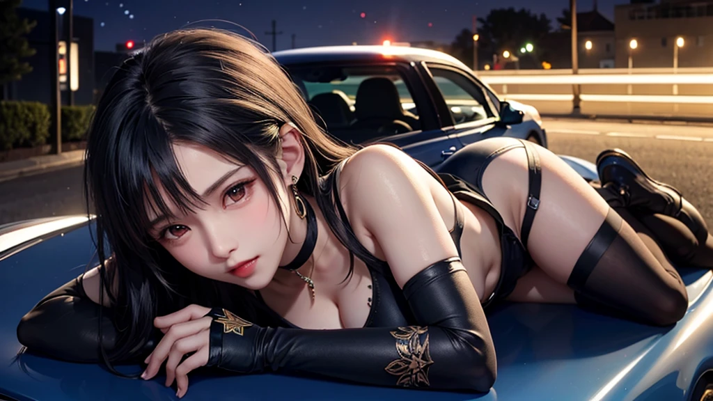 (masterpiece, best quality:1.3) DOAKokoro, 1girl, solo, long hair, breasts, black hair, gloves, bare shoulders, jewelry, choker, Night, Laid on a car, Staring up at the sky, Camera looking from the sky