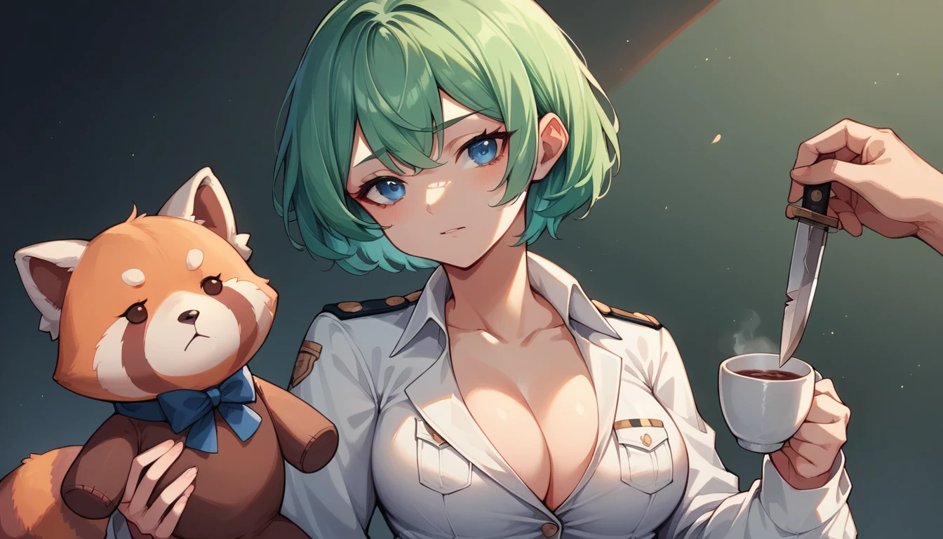 Blue-green hair girl Blue Eyes Short Hair Red panda stuffed toy Second Dimension anime An illustration vtuber C Cup Warrior uniform long sleeve Cleavage Hold a short knife in both hands
