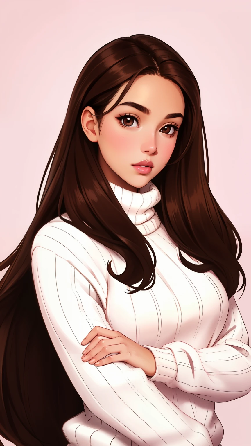 Girl, long straight brown hair, brown eyes, sharp features, white skin, pink lips, soft and delicate, perfect, sweater
