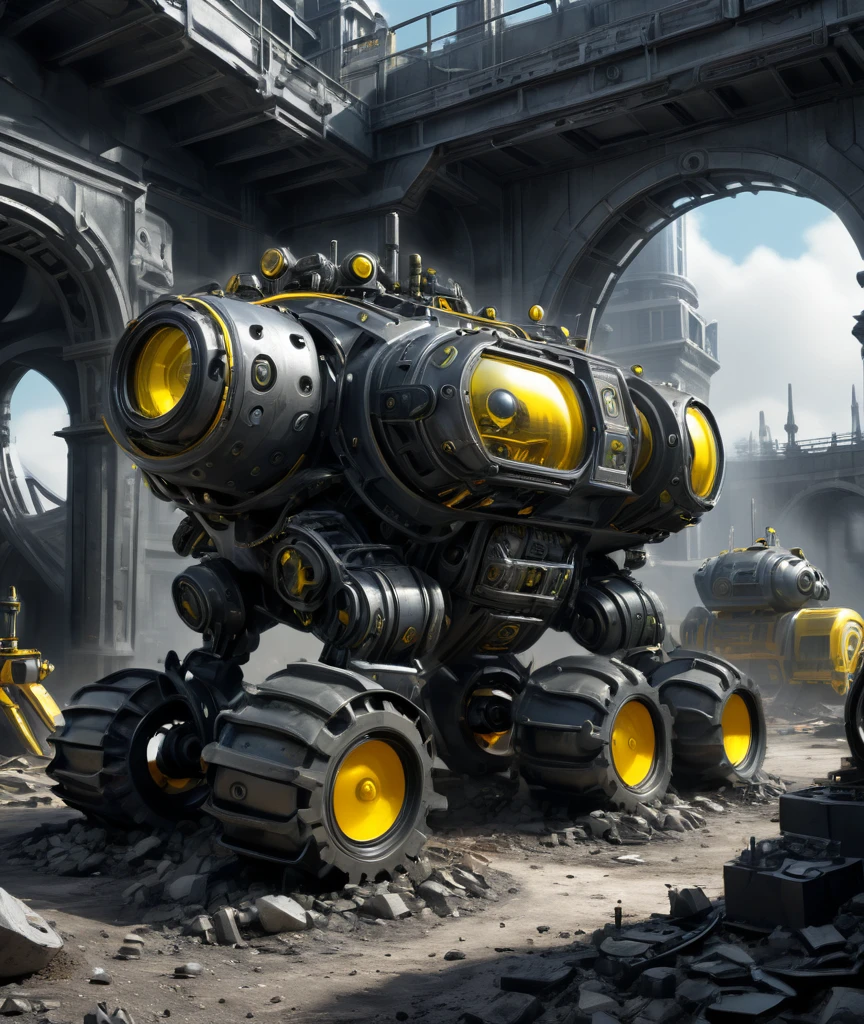 , DonMR3mn4ntsXL , toon tanks, drive black & yellow, industrial, heavy duty, modular, Office Buildings, Conglomerate stone, science fiction, building, architecture