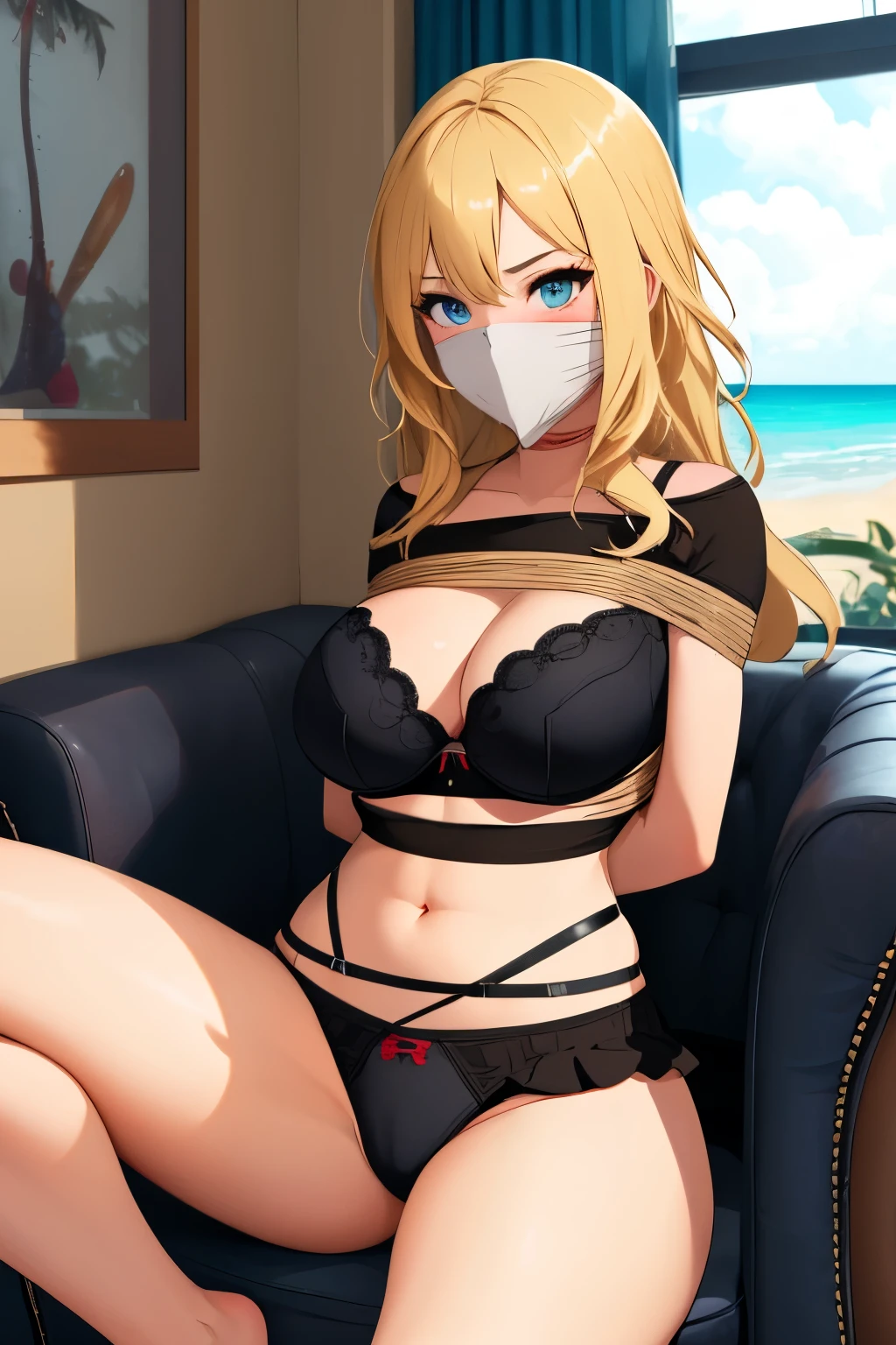 1 girl, detailed blue eyes, longeyelashes, detailed beautiful face, 4k quality, a Bit curly hair, (Long blonde hair:1.4), (arms behind back:1.5), bound arms, Red rope, blushing, (Big breasts:1.6), (black underwear, black pretty underwear, black Mini skirt, 18 jears old:1.6), OTN, gag, gagged, shibari, bondage, close ups, sitting in an upholstered armchair in a modern apartment, big window with a beach in the background, Front View of girl, raised eyebrows