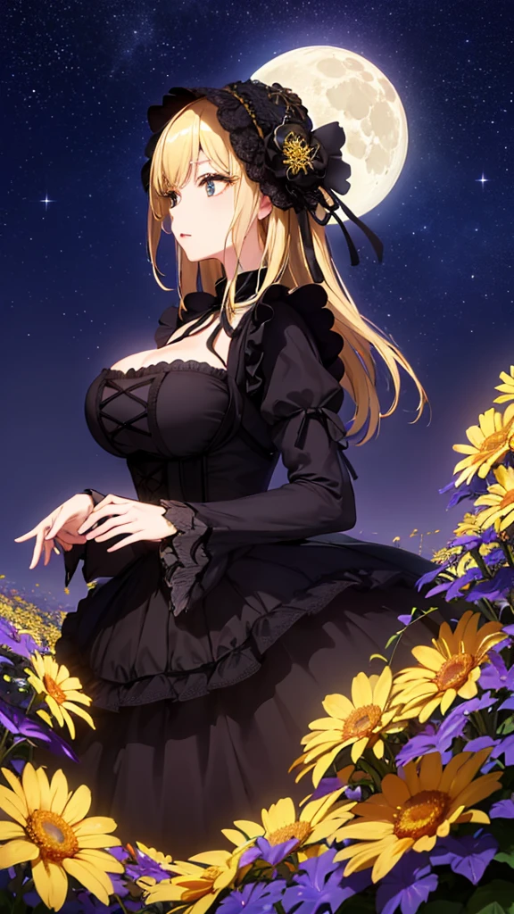 masterpiece, high quality, 4K, Beautiful design, silhouette，blonde， 非常に詳細な夜のStarry Sky,Flower Field， wonderful, Finer details,  Very knowledgeable woman, Highly detailed solo, 1 female,Big Breasts，Gothic ta Fashion，Night view，Starry Sky，full moon，