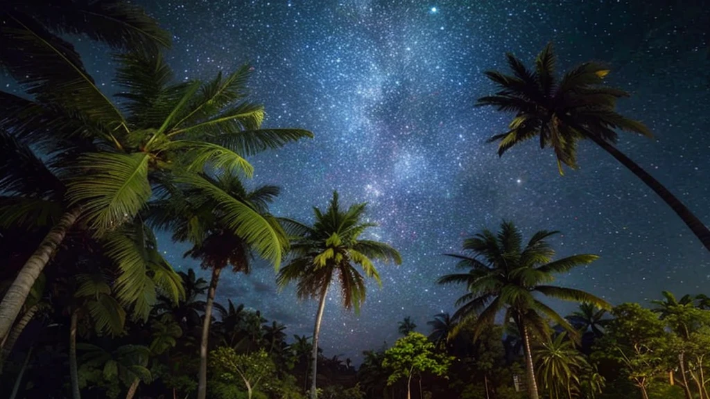 Coconut trees and night sky with the Milky Way in the background, Starry Night, Night Sky Photos, Night covered in stars, Gazing at the stars, Milky Way in the sky, Stars shining in the night, There is a Milky Way in the sky, Night photography, Gaze at the stars at night, Panoramic view at night