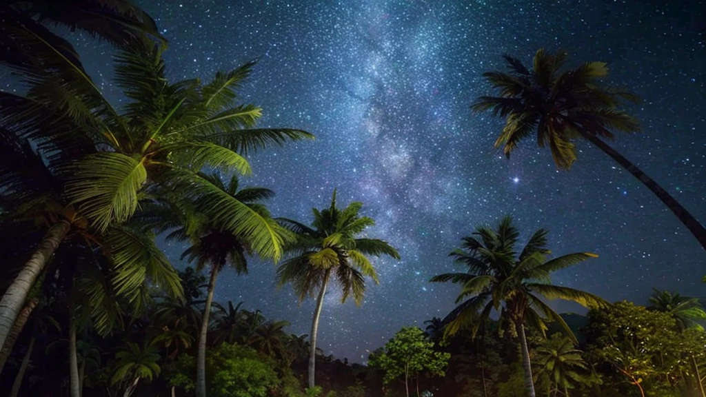Coconut trees and night sky with the Milky Way in the background, Starry Night, Night Sky Photos, Night covered in stars, Gazing at the stars, Milky Way in the sky, Stars shining in the night, There is a Milky Way in the sky, Night photography, Gaze at the stars at night, Panoramic view at night