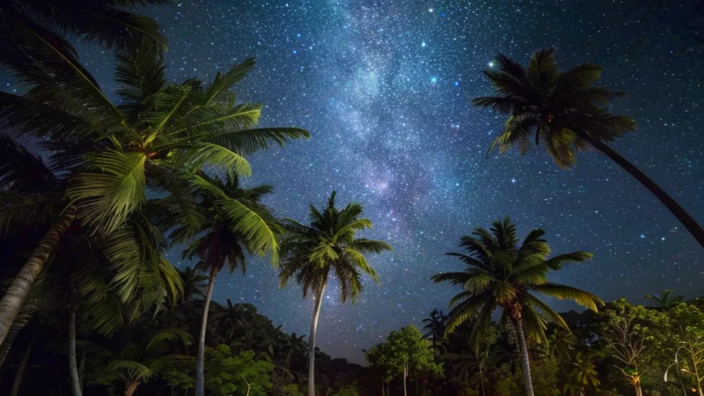 Coconut trees and night sky with the Milky Way in the background, Starry Night, Night Sky Photos, Night covered in stars, Gazing at the stars, Milky Way in the sky, Stars shining in the night, There is a Milky Way in the sky, Night photography, Gaze at the stars at night, Panoramic view at night