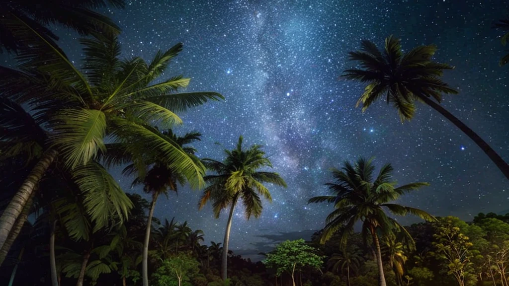 Coconut trees and night sky with the Milky Way in the background, Starry Night, Night Sky Photos, Night covered in stars, Gazing at the stars, Milky Way in the sky, Stars shining in the night, There is a Milky Way in the sky, Night photography, Gaze at the stars at night, Panoramic view at night