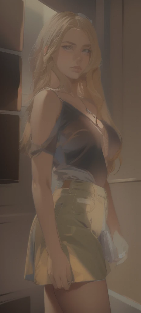 (( straight face picture )) ((best quality)),  ((Masterpiece)), (details), Young woman , long hair, gold color , Moth Ear , yellow open shoulder shirt , short skirt ,jeans skirt