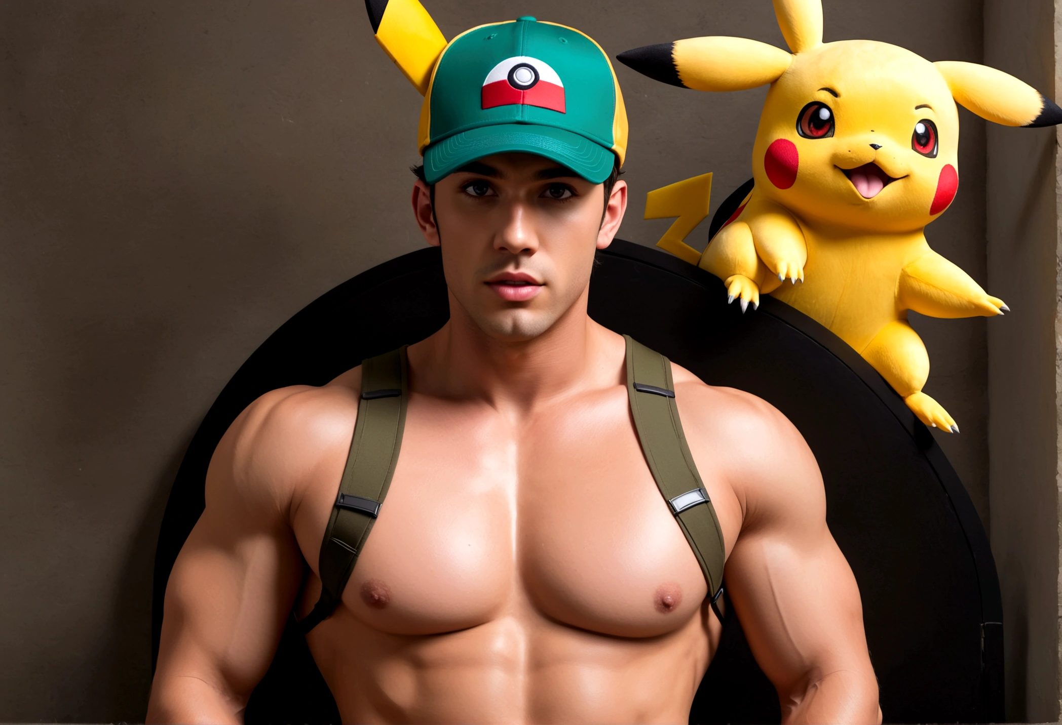 (prime subject: A muscular nude man wearing a hunting vest and a pokemon cap, big erect penis, beautiful detailed eyes,beautiful detailed lips,extremely detailed eyes and face,longeyelashes),is having sex with (Subject 2: 4 sexy women with big breasts,wide hips,juicy pussies,varied weights,wearing sexy over exposed pokemon creature lingerie),on bed,photorealistic,highly detailed,8k,best quality,hyper-realistic,exquisite,intricate details,cinematic lighting,vibrant colors,dramatic atmosphere,dynamic composition, Pokemon porn parody, 'Anal Adventure of Pikachu'