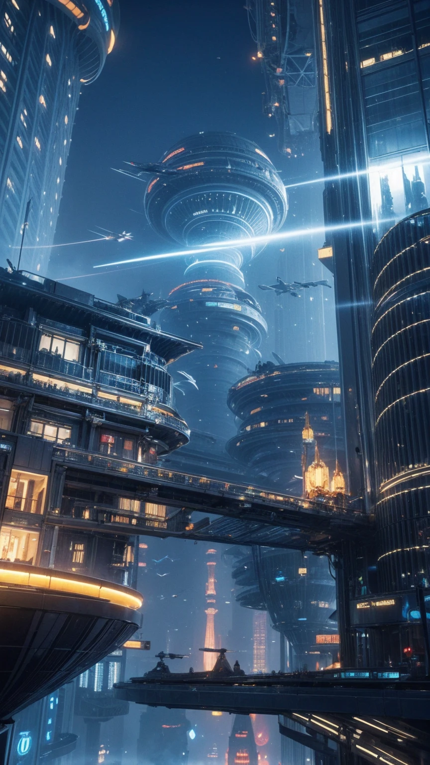 Creating futuristic surrealist artwork, Imagine a city floating in the sky, Complex building structure，advanced technology. Describe this futuristic city in rich detail, Capturing bright lights, The suspended platforms and aircraft crisscrossing the sky.  