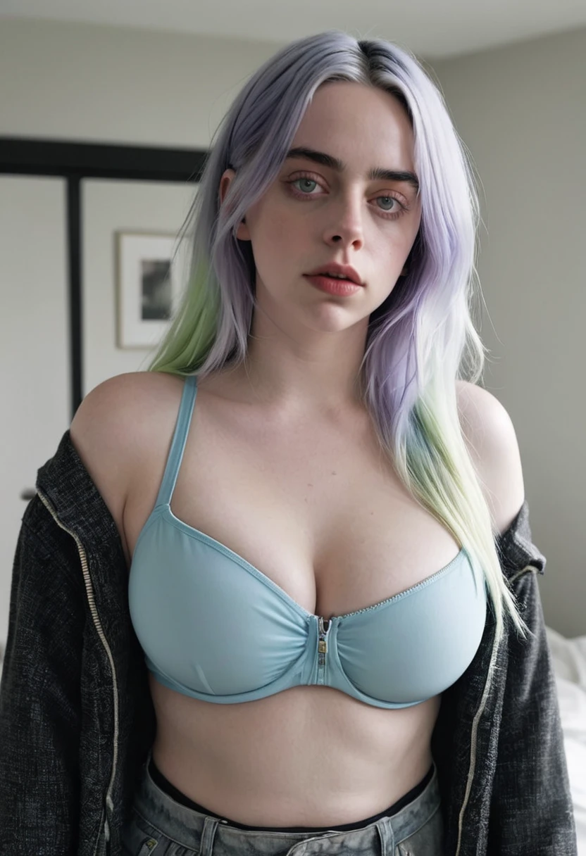 Do billie eilish as she is currently busty wearing bra with huge boobs she is putting oil on her  