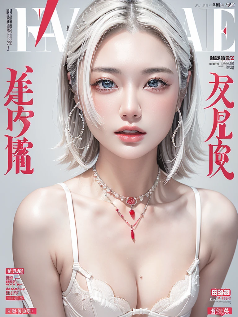 White Background、Professional Lighting、(((Professional Lighting 1.5)))、Translucent skin texture、Beautiful Skin、Beautiful Skin、、(((Whitening 1.5)))、White Bra、See-through、、Ecstasy of Musical Notes、((Red Bra 1.5))、See-through1.5、Bust up photo、Simple earrings and necklace、(((ファッションMagazine Cover 1.5)))、(((Magazine Cover 1.5)))、white hair、