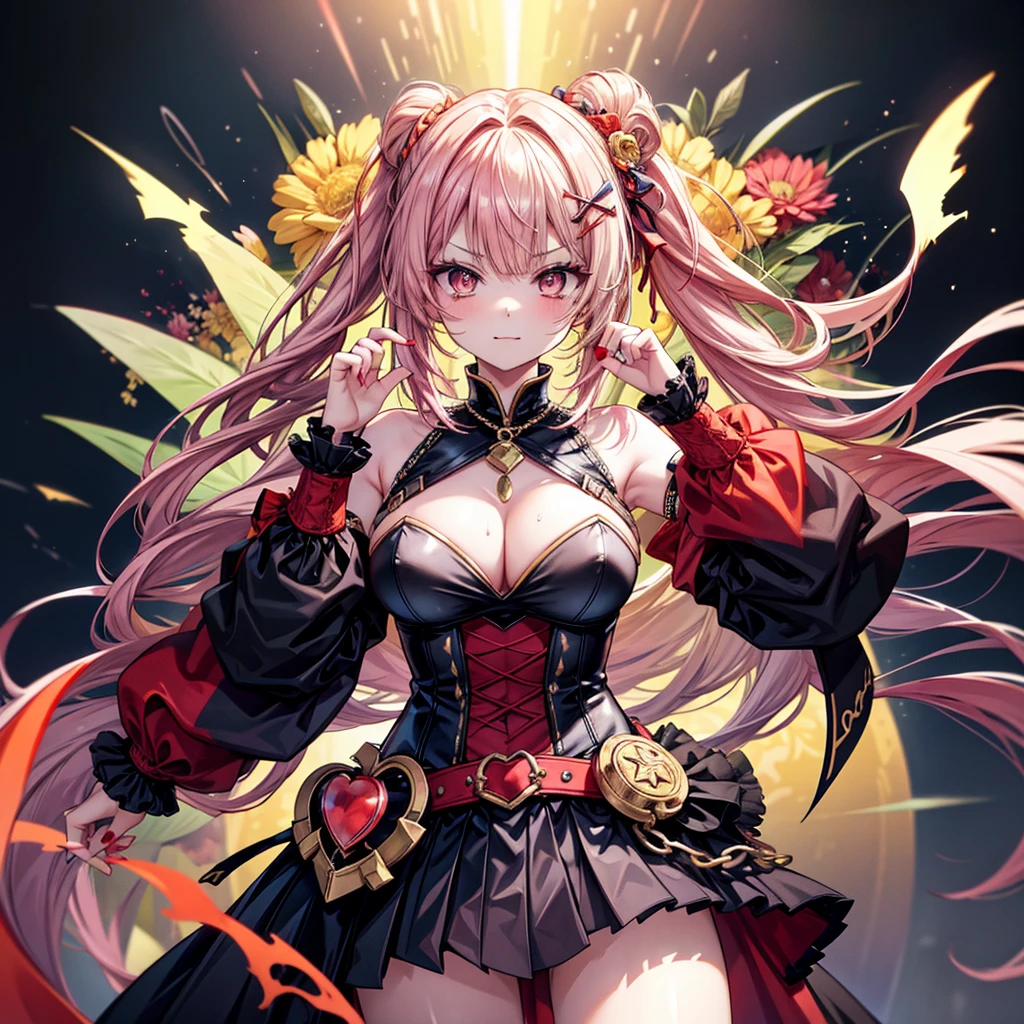 ((Highest quality)), ((masterpiece)), (detailed), (nsfw), standing, Create an image of a ruthless female character named Calamity Ignis, belonging to the Versatile Order. She has a striking and menacing appearance with an aura of danger. Her hair is long and vibrant, resembling fireworks, with a mix of bright colors like red, orange, and yellow. Her eyes are sharp and predatory, glowing with a sinister light. She has a lithe and athletic build, with an air of agility and strength. Background: Set in a mystical, swirling vortex of energy with floating red threads and glowing symbols, creating an otherworldly atmosphere. Pose and Expression: She stands confidently, holding a deadly weapon like a spiked chain or dual blades, ready for combat. Her expression is a mix of cruelty and delight, with a wicked smile that shows she enjoys the chaos and destruction she causes. Her eyes should reflect a sense of malicious joy, and her posture should convey readiness for action. Outfit: Inspired by the provided image, she wears a detailed bodice with intricate gold embroidery and vibrant red and orange accents. The outfit includes a short skirt with high slits, revealing long, flowing ribbons and decorative elements. She has a fox mask as an accessory and other ornate decorations like flowers. Her outfit should have a mix of traditional and modern elements, combining intricate patterns with sharp armor pieces. Additional Details: Her weapons should be detailed and menacing, reflecting her brutal nature. The spiked chain or dual blades should have intricate designs and a realistic, lethal appearance. The background should enhance her dangerous aura, with dramatic lighting and shadows that highlight her menacing presence. Her overall appearance should be dynamic and unsettling, capturing her ruthless and chaotic nature. The elements in the background should interact with her presence, such as embers from the fire glowing around her, adding a sense of motion and intensity. sweat, cleavage, mole, blue eyes,