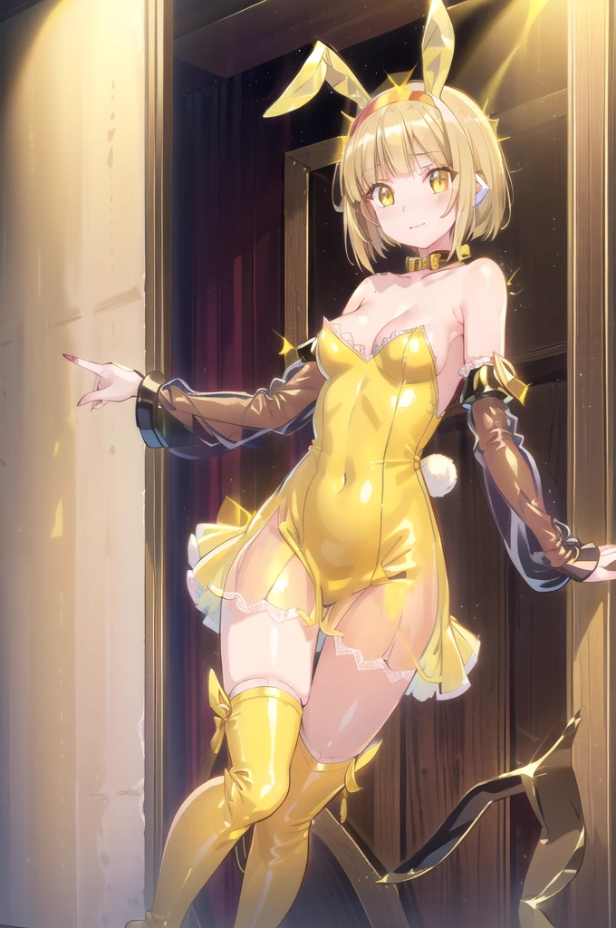 1girl,solo,(standard height),full body,standing,(blonde hair:1.6),short hair, (red hairband:1.2),hair ornament,(one side red butterfly ribbon),(yellow eyes:1.4),(beautiful fingers:1.6),(perfect anatomy:1.4),(arms_behind_back:1.6),(cold_shoulder:1.2),BREAK,(yellow leather lace glossy silk lamé playboy bunny:1.6),(purple pencil mini skirt:1.4),(latex luster shiny glossy metallic:1.6),(shiny_clothes:1.6),medium breasts,beautiful breasts,(masterpiece),best quality,(Ultra high definition eyes:1.2),8k,(Beautiful detailed eyes:1.2),(Fine and beautiful eyes:1.2),(pretty eyes:1.2),finely detail,extremely CG, absurdres,high resolution,illustration,Detailed and beautiful outlines,finely detail,high resolution,(colorful refraction:1.4,Increase saturation:1.2),beautiful lighting,dynamic lighting,closed room,black background,simple background, smile,looking at viewer,mio,gtold gloves,spider web print,sash,obi,(yellow rabbit ears:1.4),(yellow thigh boots:1.4),(white Clear PVC sheets sleeves:1.4),(sheer sleeves:1.4),(see-through sleeves:1.4),(wide sleeves:1.2)