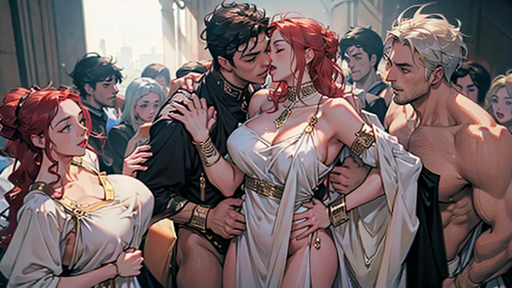 roman , erotne, carassing, fondling, kissing, grabbing ass, grabb breast, dynames, crowded scene with adult man and woman, cleavage, see throues, cleavage, nsfw