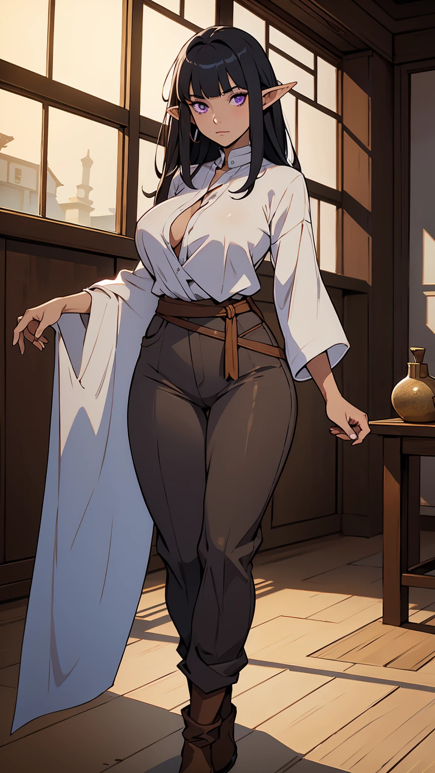 Solo, female, (grey skin), black hair, purple eyes, big breasts, tan tunic, indoor,tarvern, elf earowl cut blunt bangs, modest clothing, brown pants, deadpan expression, looking at viewer, breasts,nsfw,revealing hip,(hip cutout),hiquality,4k,resolution,artstation