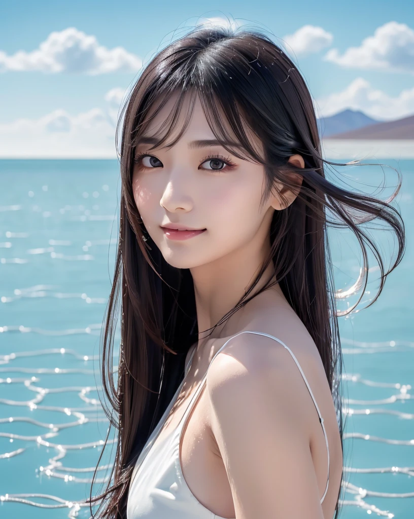 (Highest quality, 32k, High resolution, Masterpiece:1.5), marimo_jet, god々A photograph with brilliant dazzling and healing power., Evoking a sense of calm and elusive beauty, Expressing emotions, Have a rich imagination, Beautiful Japanese Girls, An exceptionally beautiful face, Small Face Beauty, , Perfect Human Anatomy, Magical big eyes, Motherhood and generosity, Deep Love, fleeting smile, Shiny black hair, Super long hair swaying in the wind, Asymmetrical bangs, Hair between the eyes, Transparent, soft white skin, Sharp eyebrows, Thin lashes, ((Natural Makeup:1.3)), Red dress, High resolutionの完璧な鎖骨, High resolutionの美しい胸元, Slim figure with ample breasts, High resolutionの美しい太もも, ((Distant Horizon:1.5)), ((Salar de Uyuni stretches to the horizon:1.3)), ((The water surface reflects the sky like a mirror:1.5)), Beautiful detailed blue sky, Professional photographer, Professional Lighting, Professional models, god秘的