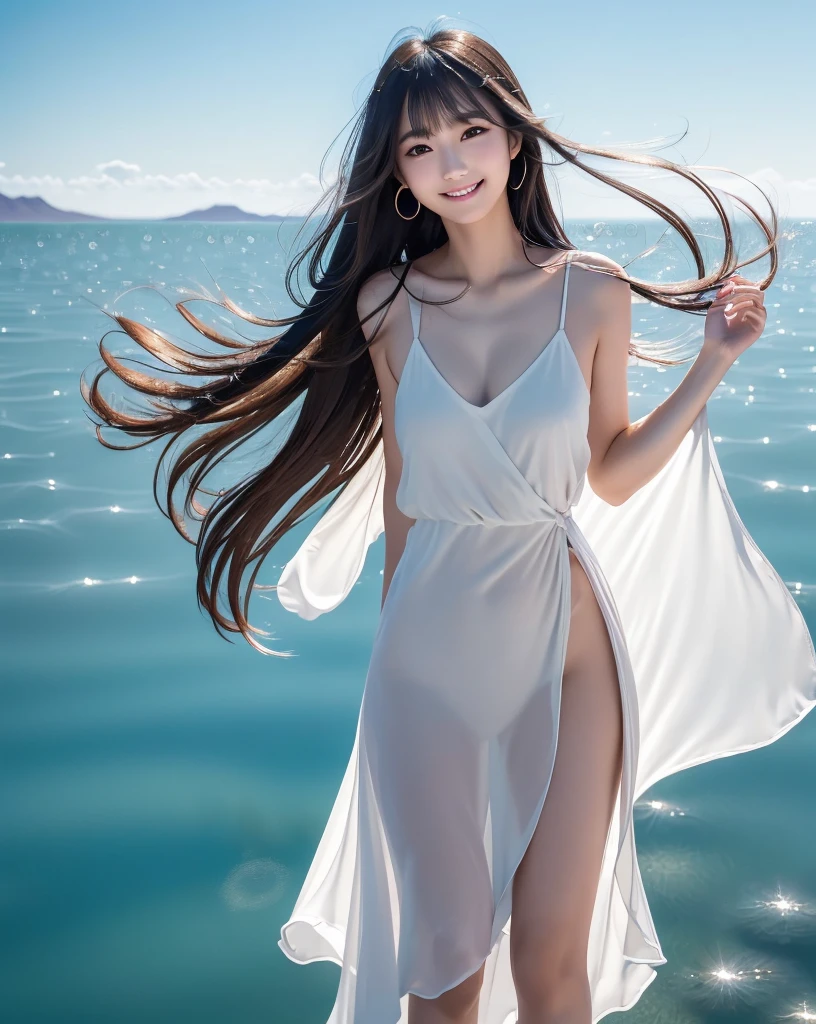 (Highest quality, 32k, High resolution, Masterpiece:1.5), marimo_jet, god々A photograph with brilliant dazzling and healing power., Evoking a sense of calm and elusive beauty, Expressing emotions, Have a rich imagination, Beautiful Japanese Girls, An exceptionally beautiful face, Small Face Beauty, , Perfect Human Anatomy, Magical big eyes, Motherhood and generosity, Deep Love, fleeting smile, Shiny black hair, Super long hair swaying in the wind, Asymmetrical bangs, Hair between the eyes, Transparent, soft white skin, Sharp eyebrows, Thin lashes, ((Natural Makeup:1.3)), Red dress, High resolutionの完璧な鎖骨, High resolutionの美しい胸元, Slim figure with ample breasts, High resolutionの美しい太もも, ((Distant Horizon:1.5)), ((Salar de Uyuni stretches to the horizon:1.3)), ((The water surface reflects the sky like a mirror:1.5)), Beautiful detailed blue sky, Professional photographer, Professional Lighting, Professional models, god秘的