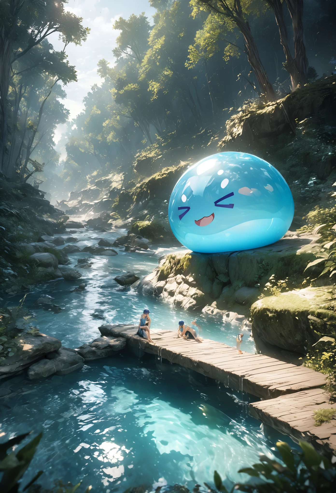 masterpiece, best quality, extremely detailed CG unity 8k wallpaper, a little blue haired boy sits on the banks of a crystal clear blue river in the middle of a natural forest. A cute translucent slime with a lot of expressions is bathing. This is a very cool anime illustration. Realistic representation of water flow. Octane's overall style, 3D art