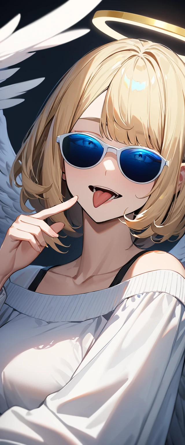 (((One girl))), (((upper body))), ((sunglasses, hand to sunglasses)), ((angel, big big white wings:1.2, halo:1.3)), Uriel, ((wavy hair, outward curled hair)), evening, Sunset, open mouth, ((stick out tongue)), ((blond hair, bob cut:1.3)), big breasts, teenager, (looking at viewer), oversized clothes, puffy long sleeves, collarbone, ((off-shoulder sweater dress:1.3, Quite thick shoulder straps)), (((sleeves past wrists:1.3))), ((white sweater)), collarbone, head tilt:1.3, (((blue eye))), ((happy smile)), (((anime style))), (best quality, 4K, 8K, highres, masterpiece:1.2, ultra-detailed, ultra-detailed eyes, HDR, uhd, studio lighting, ultra-fine painting, sharp focus, physically-based rendering, extreme detail description, professional, vivid colors, bokeh), ((Highest quality, Best image quality, Ultra-high resolution, Ultra-high resolution, solo, Strong eye highlights)), Depth of written boundary, Natural soft light, attractive, Beautiful Face, Cleanliness, Pure Face, medium chest, Beautiful Face, Perfect Fingers, Perfect hands, Perfect body, Perfect Face, Shine a light into your eyes, Perfect Anatomy
