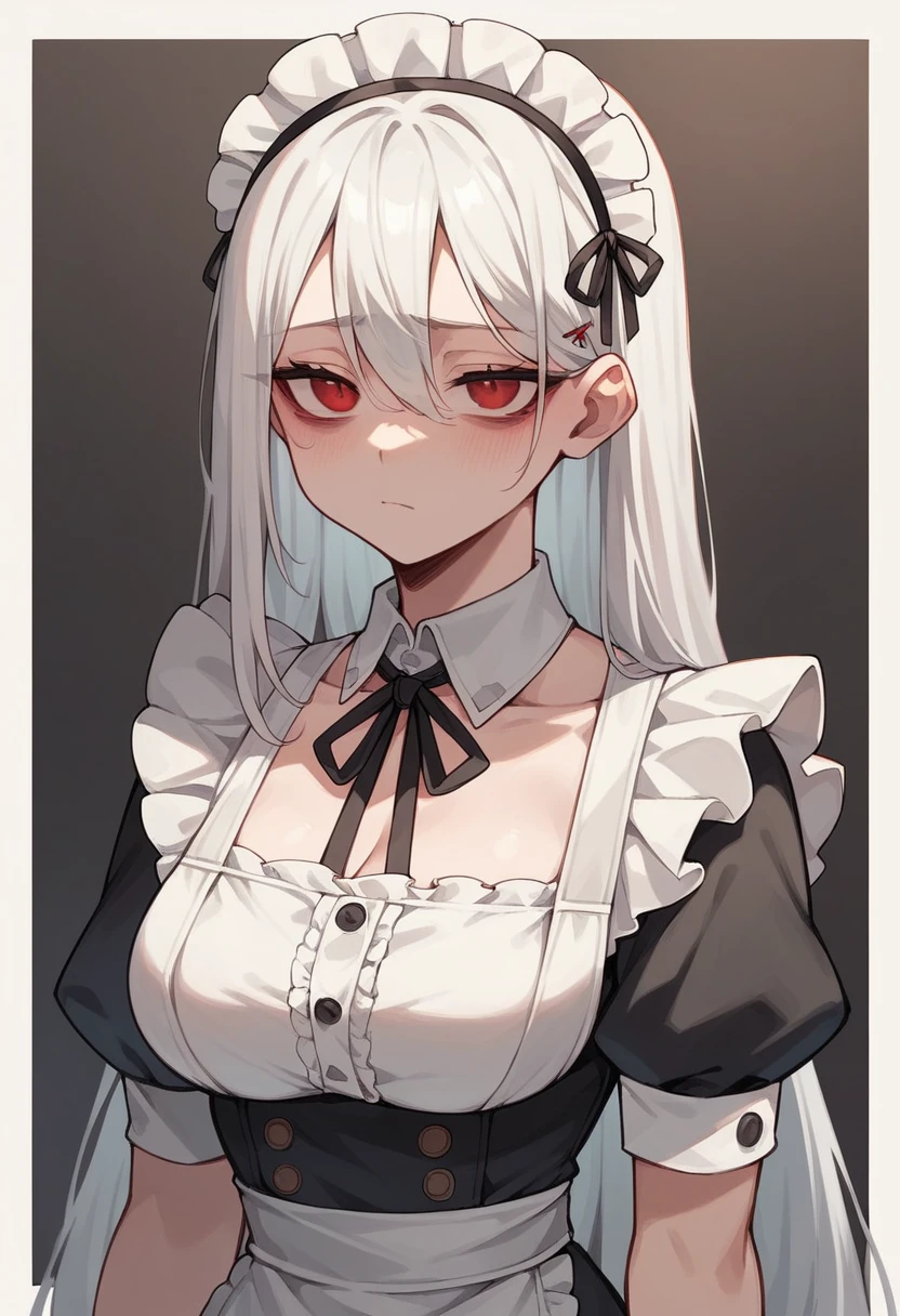 Long white hair　Red eyes　Maid clothes　Dark circles under the eyes　Tired look　drunkard