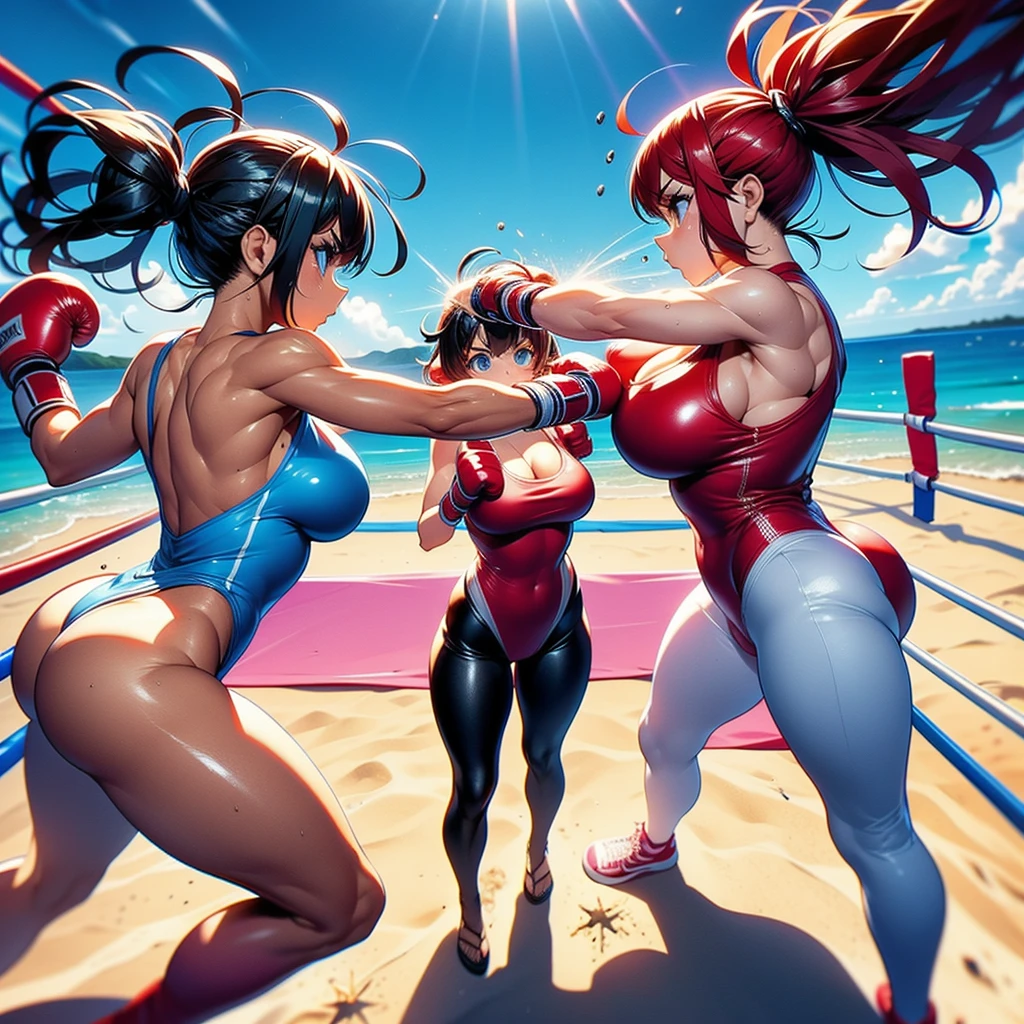 NSFW , on the beach boxing ring , Small woman and big woman , Fullbody shot , Wear Monokini swimsuit with pantyhose , Female boxing Face to face, huge breasts.