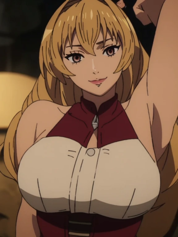 Best quality, masterpiece, ultra high res, 1girl, sexy, in the dark, deep shadow, low key, cold light, milf, blonde hair, dynamic light, cinematic lighting, cinematic lighting, down blouse, mature woman, middle parted hair, natural breast, upper body, milf, elinalise, simple smile, armpits visible, detailed armpits