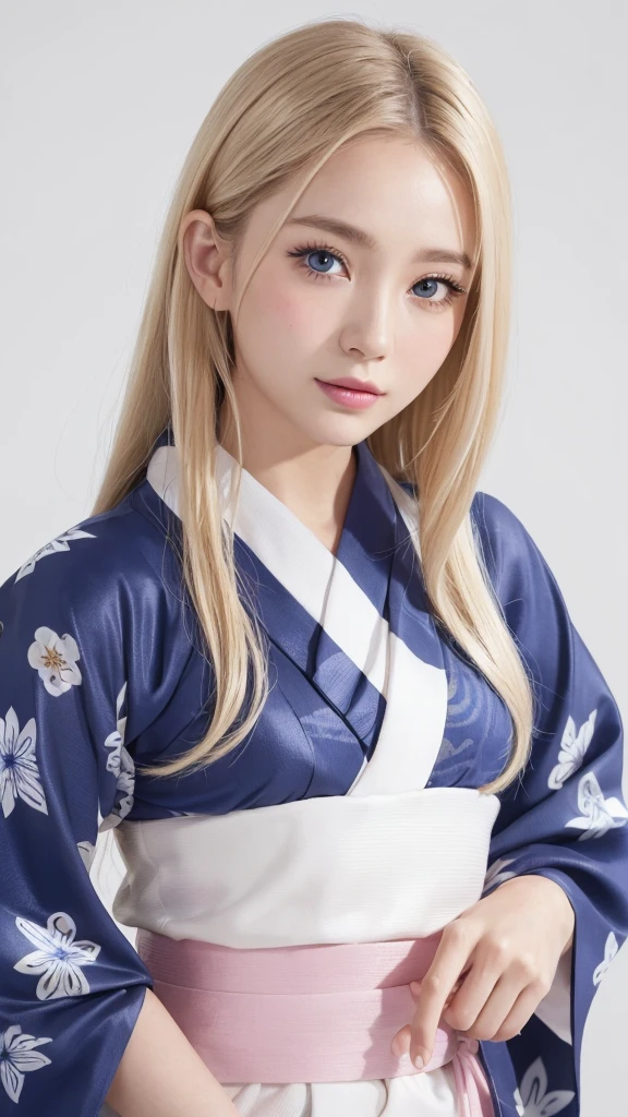 (((yukata、White background、Cowboy Shot)))、forehead、Northern Europe、Russia、beautiful girl、Platinum Blonde Hair、Straight long hair、Big blue eyes、Northern Europeの若者、Glowing Skin、Young and beautiful skin、A perfect and beautiful little face、Bright makeup、Pale pink lips、Bright expression、lipstick、Golden Hour Lighting、Movie Light、Intricate details、High resolution、 Detailed features of the face design、