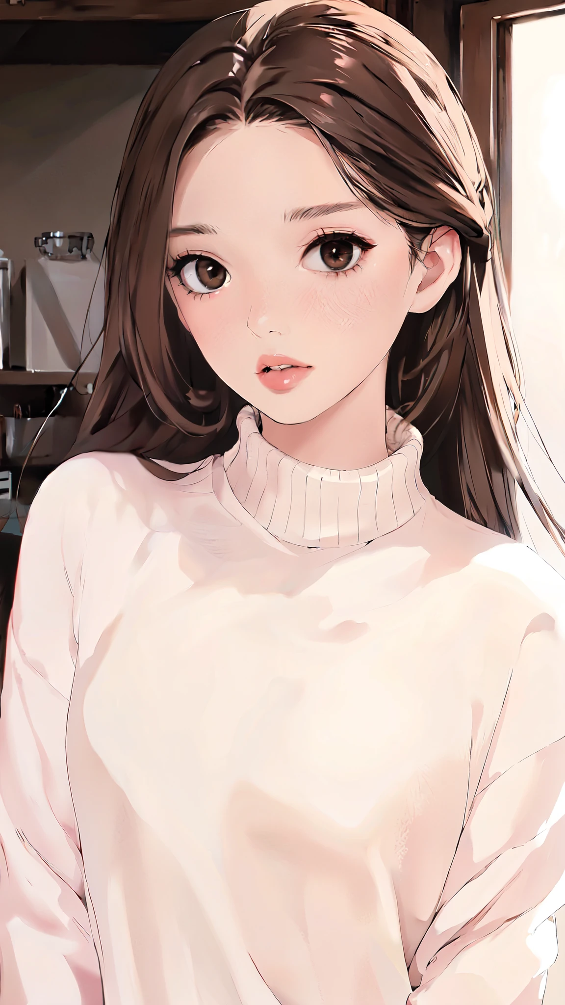 Girl, long brown hair, brown eyes, sharp features, white skin, pink lips, perfect, sweater