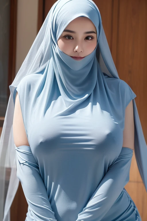 beautiful woman in hijab, (((super big breasts))), (closed tight clothes, very big breasts), shaped body, embossed nipples, tight vagina, (((cover mouth, long veil))), ((Big breasts )), Slender, 20 years old, bedroom, (big breasts exposed)