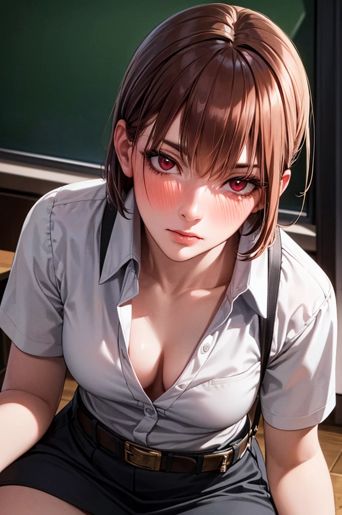 (masterpiece, Highest quality: 1.2), night(Chainsaw Man),(Highly detailed face, The real picture, Realistic Skin, Realistic body, Intricate details), Red eyes (Intimidating look), A slight blush, Social attire, Button-up shirt (white), skirt (black), black belt with buckle, short hair, Small breasts, close, Big thighs, classroom, blackboard.